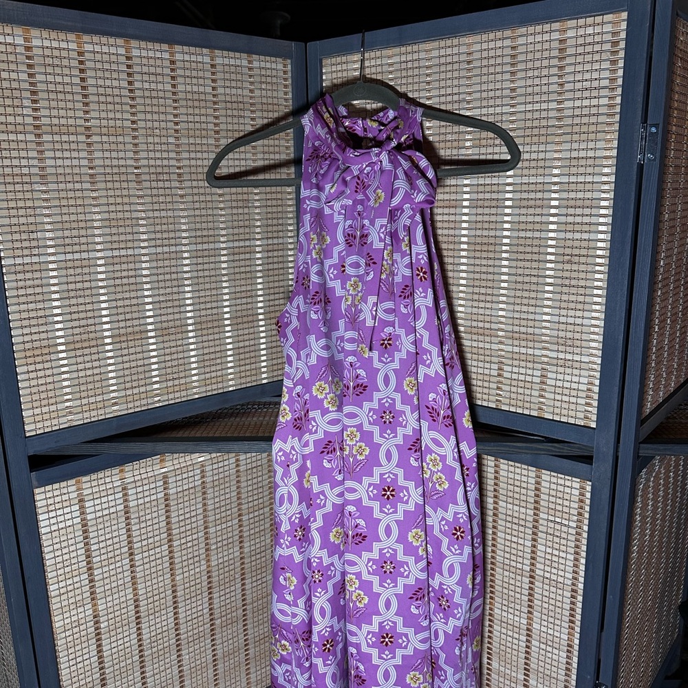 Ann Taylor Lilac Dress with Multicolor Floral Tile Print A-line Halter Dress - Picture 4 of 10